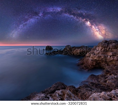 Milky Way over the sea. Long time exposure night landscape with Milky Way Galaxy above the Black sea