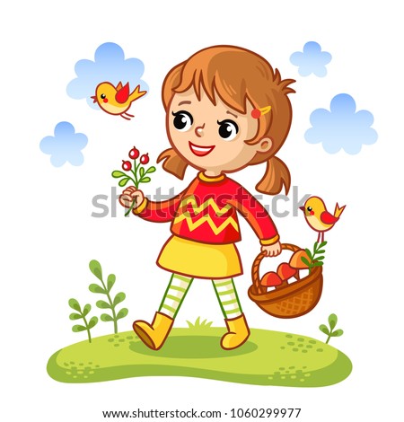 The girl collects mushrooms in a basket. Vector illustration in a cartoon style. Wesola child walks through the meadow.