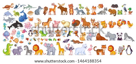 Big vector set with animals in cartoon style. Vector collection with mammals.