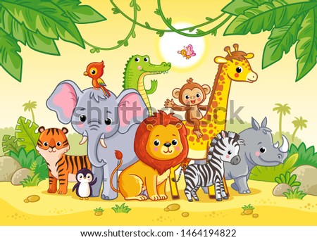 African landscape with cute african animals. Large set of animals. Vector illustration with cute mammals.