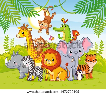 Jungle landscape with cute african animals. Large set of animals. Vector.