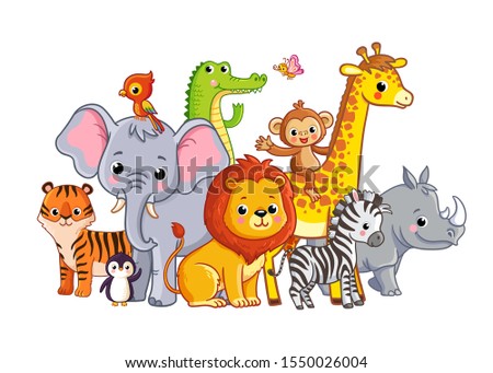 Vector illustration with african animals on a white background. Cute animals in cartoon style. Big set.