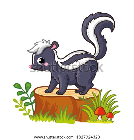 Cute skunk standing on a stump with mushrooms and grass. Vector illustration with forest animal in cartoon style.