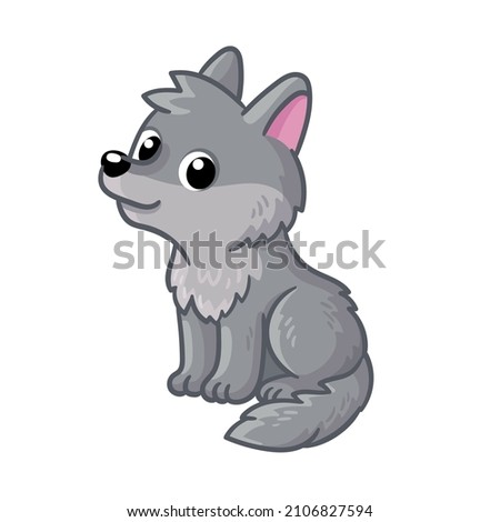 Cute gray wolf cub sits on a white background. Wolf cub in cartoon style.