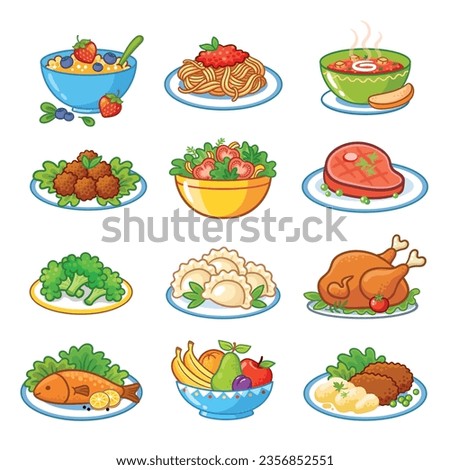 Vector illustration of Food Set. Home made traditional food on a white background. A set of various Breakfast, lunch and dinner in cartoon style.