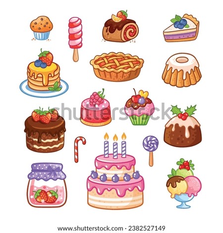 Set of sweets. Sweet pastries, cake, sweets, pie, cupcake, desserts in a cartoon style. A collection of delicious, high-calorie food  isolated on a white background.

