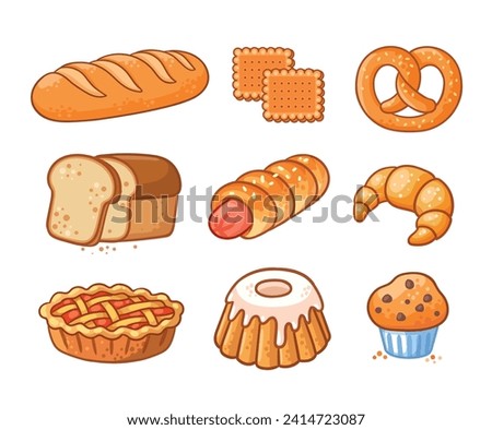 Vector set of bread icons. Bakery pastry products . Whole grain bread, sliced bread, bagel,  cookies, apple pie, loaf, sausage in dough, cupcake, and pretzel. Sweet desserts in cartoon styl.