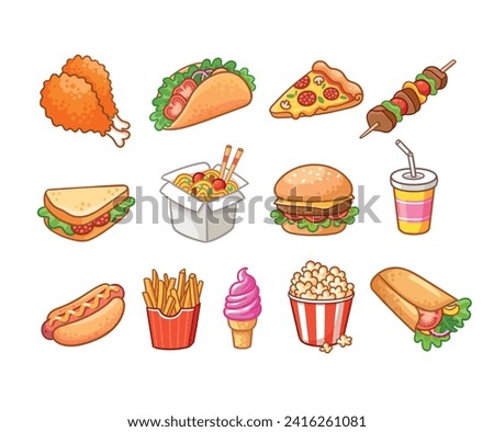 A set of fast food cartoon icons. Hamburger, hot dog, shawarma, popcorn, wok noodles, pizza, taco for takeaway cafe design. Vector illustration of street food isolated on a white background.