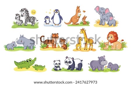 Mom and baby animals. Elephant, zebra, lion, penguin, tiger, giraffe, hippo, panda,  families cartoon vector illustration. Family and wild animals concept.