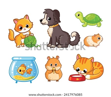 Vector set of  cute home animal pet - cat, dog, hamster, turtle, guinea pig, and goldfish. Vector cartoon illustration Isolated on white background.
