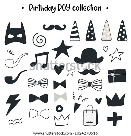 Unique hand drawn birthday boy collection. Set of holiday elements. Monochrome decorations in scandinavian style. Vector illustration.