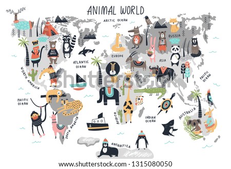 Animal World Map - cute cartoon hand drawn nursery print in scandinavian style. Vector illustration.