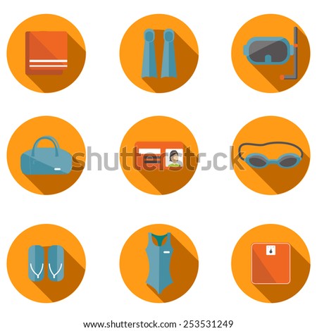 Fitness flat icon set. Vector set of swimming pool icon. Flat icon of swimming pool. Vector flat icon of fitness. Fitness elements. Vector flat design of fitness. Fitness details. Fitness woman.