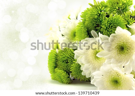 Green and white chrysanthemum bouquet with diffused background