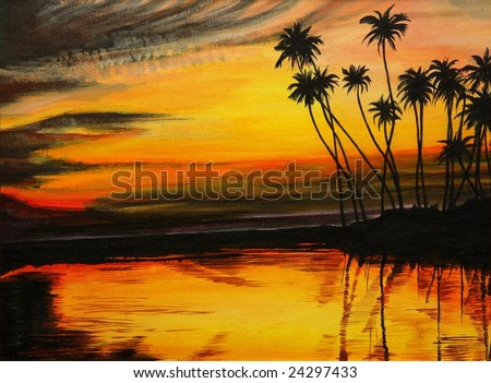 Tropical island with palm tress at sunset - painting