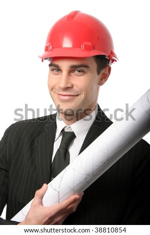 Handsome young architect with red safety hat and plan