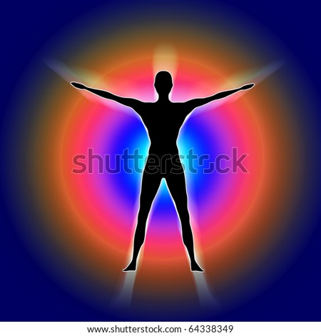 Silhouette of a powerful man spreading arms and legs face to a colorful circle.