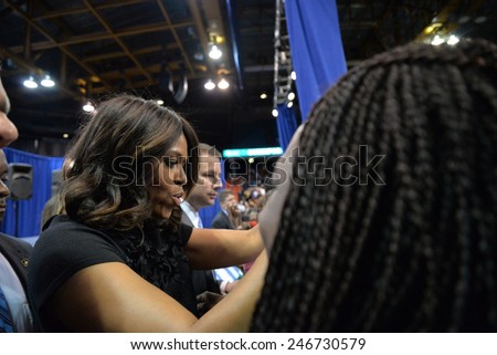 CHICAGO, ILLINOIS/ USA - 7th TUESDAY OCTOBER 2014 : First lady Michelle Obama delivers a speech at the UIC Pavilion calling for voter support for Illinois Gov. Pat Quinn in the upcoming election.