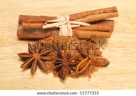 Cinnamon,star anise and Chinese five spice on wood