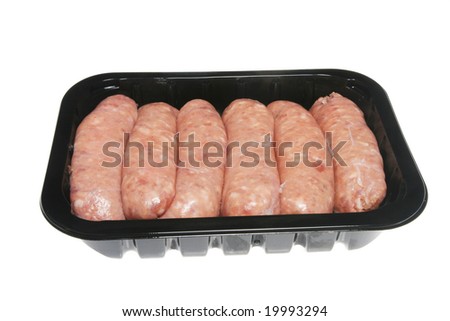 Raw sausages in packaging isolated on white