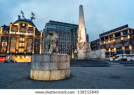 AMSTERDAM, NETHERLANDS - JAN 05: The National Monument is a 1956 World War II monument on Dam Square. January 05, 2013 Amsterdam, Netherlands