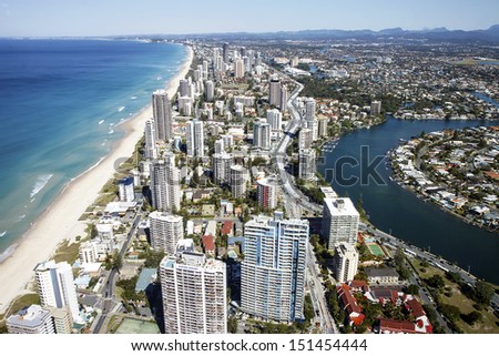 Gold Coast, Australia - AUG 23: Aerial view of the famed Gold Coast in Queensland Australia looking from Surfers Paradise down to Coolangatta. August 23, 2013 Gold Coast, Australia
