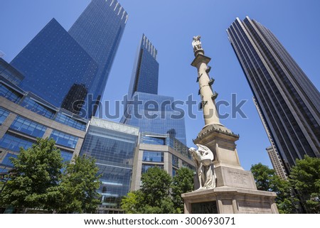 NEW YORK, USA - MAY 24: Columbus Circle, completed in 1905 and renovated a century later.  The landmark traffic circle is featured in several films and other media. May 24, 2015 New York, USA.