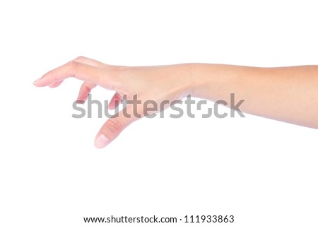 Female empty open hand of a caucasian female clinging on some wall edge, isolated on white background