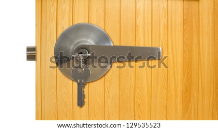 Aluminium door knob on the wood door white background.