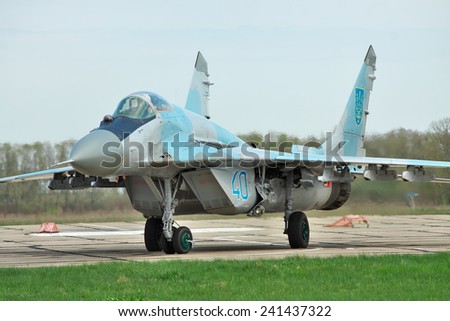 Vasilkov, Ukraine - April 24, 2012: Ukrainian Air Forces MiG-29 fighters during the training flights