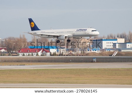 Boryspil, Ukraine - November 13, 2010: Lufthansa Airbus A321 on final approach landing on the runway
