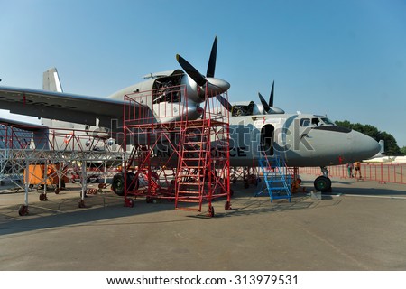 Kiev, Ukraine - July 7, 2012: Indian Air Force cargo planes An-32 during the maintenance and equipment upgrade