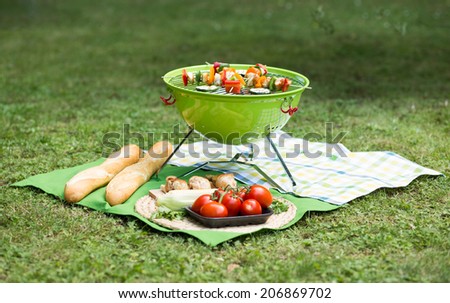 Healthy summer meal, vegetable kebabs roasted over an outdoor barbeque in the garden and served with a savory sauce and toasted baguette on a picnic blanket