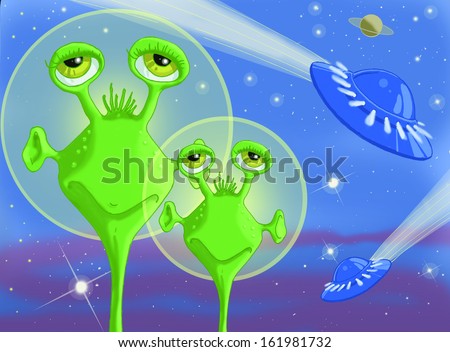 Image shows two green beings from the universe and UFOs in the background