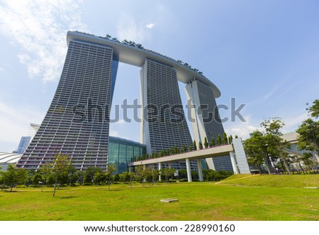 Marina Bay Sands Luxury hotel at Singapore Singapore - October 23, 2014: Marina Bay Sands is fronting Marina Bay in Singapore. It is billed as the worlds most expensive standalone casino property.