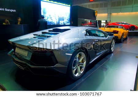 BANGKOK - MAY 20: Lamborghini Aventador sports car on display at the Super Car   Import Car Show at Impact Muang Thong Thani on May 20, 2012 in Bangkok, Thailand