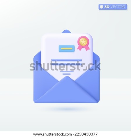 Mail and certificate icon symbols. Newsletter, Gift voucher, Legal Documents, Award diploma concept. 3D vector isolated illustration, Cartoon pastel Minimal style. template for graphic and web design.