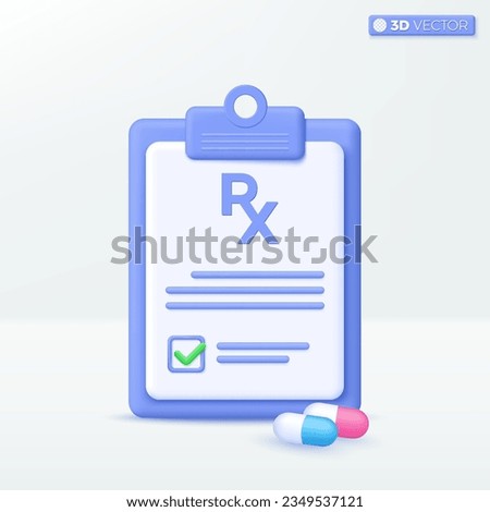 3D prescription RX with pills and capsule on clipboard icon symbol. first aid and health care check, pharmacy, Doctor paper form concept. 3D vector isolated illustration, Cartoon pastel Minimal style.