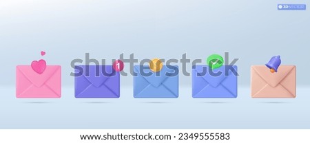 3d multicolor mail envelope icon set symbol. Render email notification, gold coin, heart valentine, bell, notice. communication concept. 3D vector isolated illustration, Cartoon pastel Minimal style.