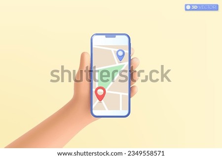 3d hand holding mobile phone with pinpoint on the map icon symbol. delivery tracking, location, destination, gps map navigation concept. 3D vector isolated illustration, Cartoon pastel Minimal style.