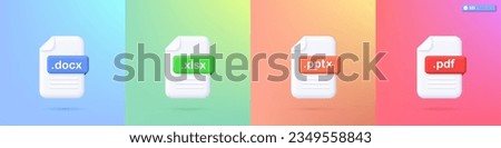 3D File format set icon symbol. Document illustration with colorful badges, docx, xlsx, pptx and pdf Realistic format extension concept. 3D vector isolated illustration, Cartoon pastel Minimal style.