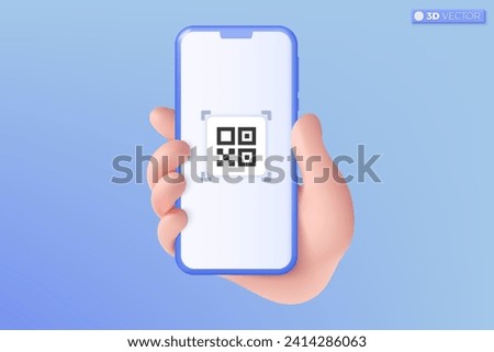 3d hand holding mobile phone scanning QR code icon symbol. Shopping special offer marketing promotion, mockup. online shopping concept. 3D vector isolated illustration, Cartoon pastel Minimal style.