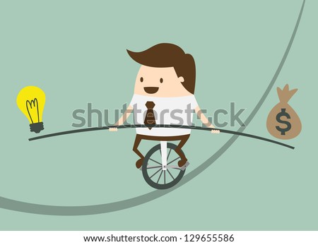 Business man balancing on the rope with ideas and money