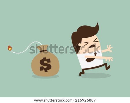 Businessman Running Away From Money Bomb, Inflation Concept. Cartoon Vector Illustration
