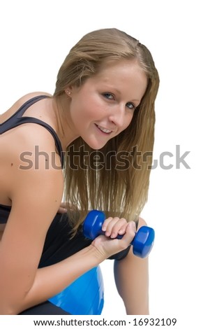 A young woman working out with a hand weight with no background.