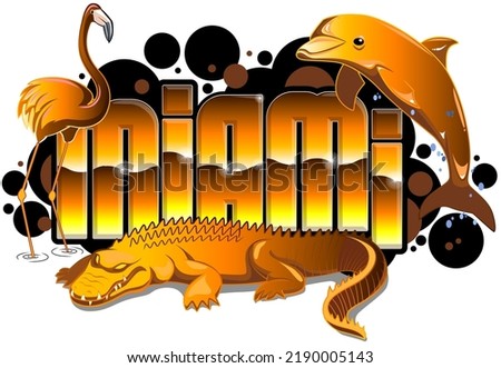 Graffiti Vector Design - Welcome to Miami..Retro 80s styled gold neon signage with an alligator, flamingo and a bottlenose dolphin.