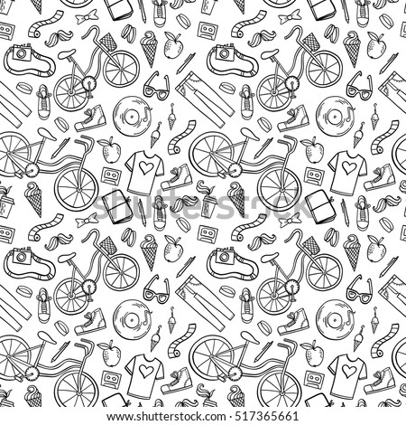 Hipster lifestyle seamless pattern background. Hand drawn vector illustration with bicycle, ice cream, t-shirt, apple, mustache and coffee.