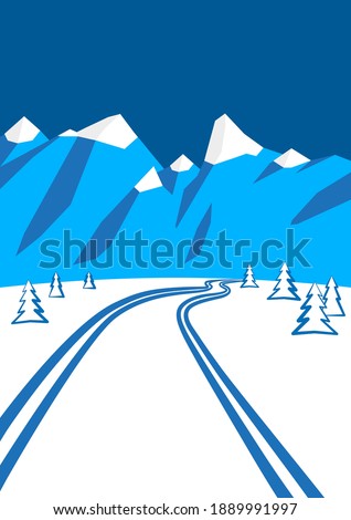 illustration of winter landscape with mountains in the background, cross-country ski run