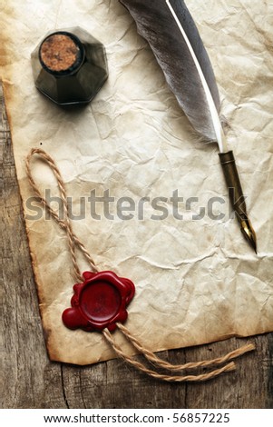 Blank paper with wax seal, quill & ink
