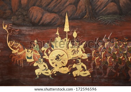 BANGKOK ,THAILAND - JAN 19 : Ancient Thai mural painting with tempera colors and gilding painting of Ramayana story in  Wat Phra Sri Rattana Satsadaram on January 19, 2013 in Bangkok, Thailand.